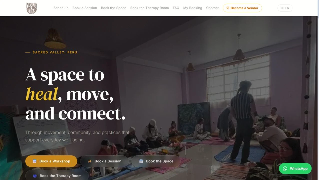 Mamaway Studio homepage showing a community gathering, with options to book a workshop, session, space, or therapy room.
